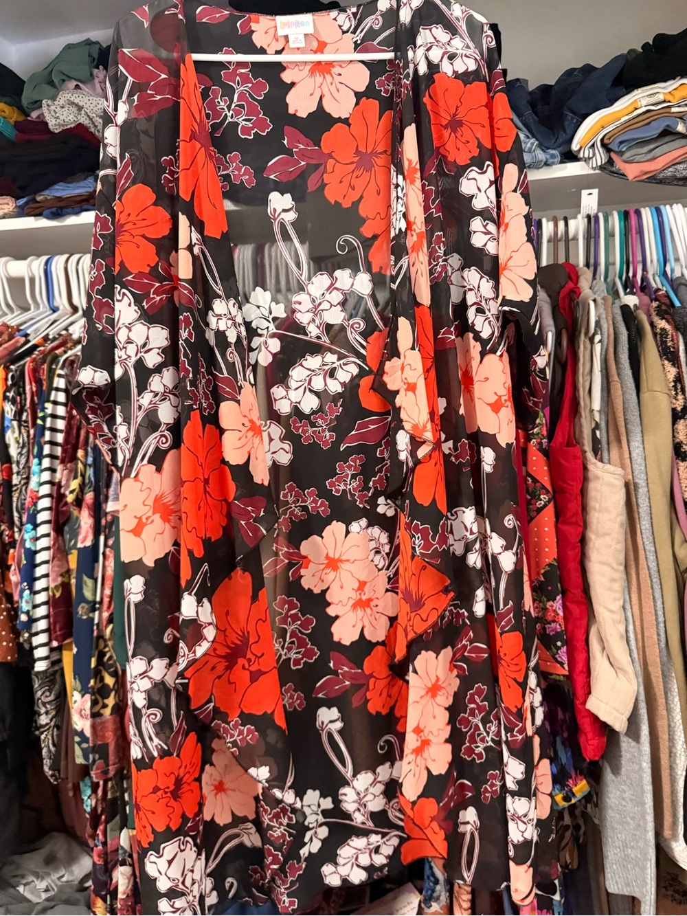 LuLaRoe Black Sheer Kimono with Red & Peach Floral Print